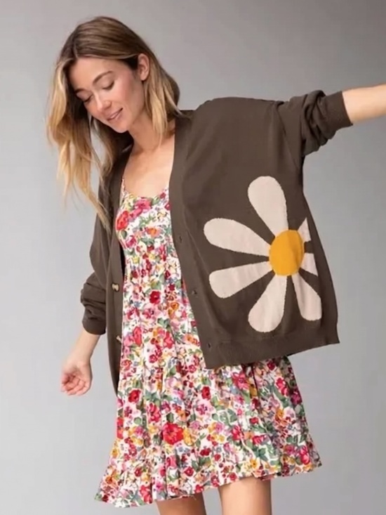 NATURAL LIFE Sweaters - Natural Life Live Happy Olive Green Daisy Cardigan Sweater Oversized Small XS